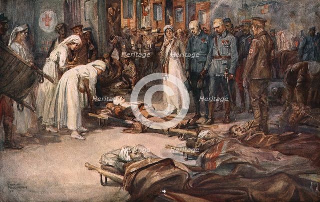 'La bataille de la Somme; derriere le front Franco-Britannique: le salut aux blesses allies', 1916. Creator: Charles Fouqueray.