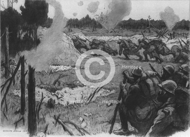 'La Bataille de la Somme; La releve sous les Obus: Une a une, les sections gagnent le boyau..., 1916 Creator: Georges Leroux.