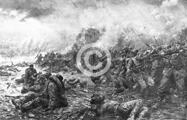 'La Bataille des Flandres; Les masses Allemandes sous la fusillade et le feu des canons', 1914. Creator: J Simont.