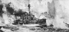 La bataille navale du Jutland; Au fort du combat: le croiseur anglais Warrior... 1916 (1924) Creator: Charles Dixon