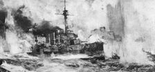 La bataille navale du Jutland; Au fort du combat: le croiseur anglais Warrior... 1916 (1924) Creator: Charles Dixon
