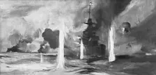 'La bataille navale du Jutland; Le croiseur anglais Warspite au milieu de l'action 1916 (1924) Creator: Montague Dawson