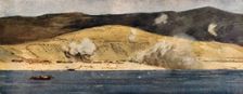 La baie de Suvla et les Falaises d'Anzac; Eclatements d'obus turcs de gros calibre 1915 (1916). Creator: Norman Wilkinson