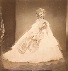La Bisi. Boudoir, robe velour gris, moire rose, fleurs roses, feuilles grises (de sa mai,..., 1860s. Creator: Pierre-Louis Pierson