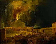 La Girandola: Fireworks at Castel Sant'Angelo in Rome, 1830s. Creator: Caffi, Ippolito (1814-1866)