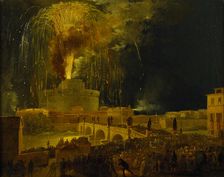 La Girandola: Fireworks at Castel Sant'Angelo in Rome, 1830s. Creator: Caffi, Ippolito (1814-1866)