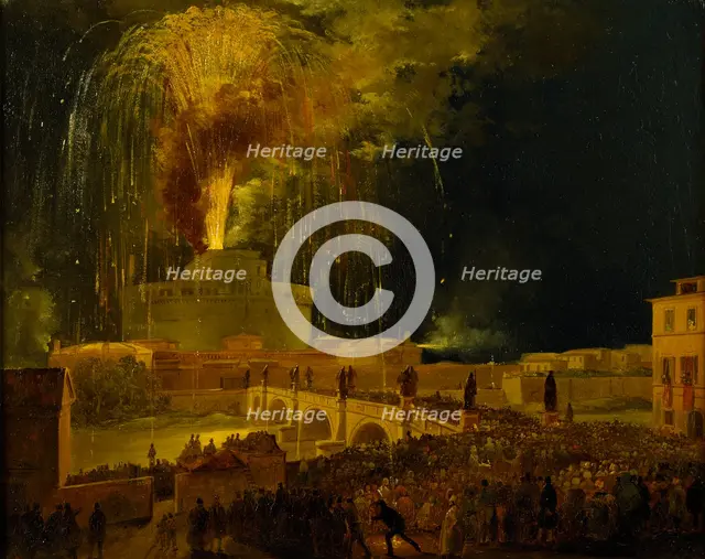 La Girandola: Fireworks at Castel Sant'Angelo in Rome, 1830s. Creator: Caffi, Ippolito (1814-1866).