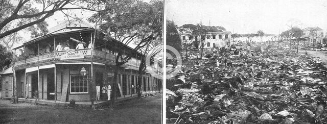 'La Guerre de Course; Une maison de Papeete, avant et apres le bombardement', 1914. Creator: Unknown.