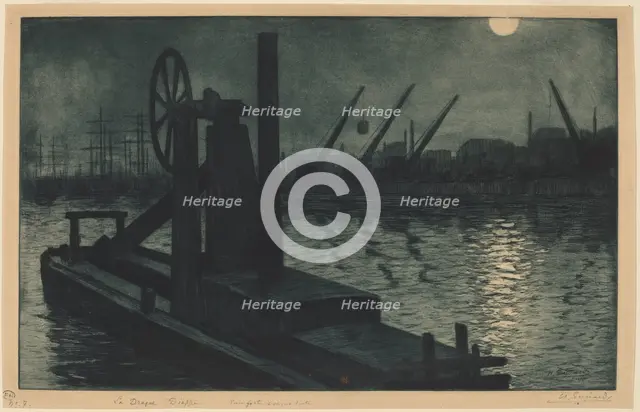 La Drague Dieppe (A Dredger in Dieppe Harbor by Moonlight), c. 1885. Creator: Henri-Charles Guerard.