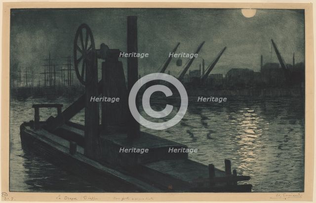 La Drague Dieppe (A Dredger in Dieppe Harbor by Moonlight), c. 1885. Creator: Henri-Charles Guerard.