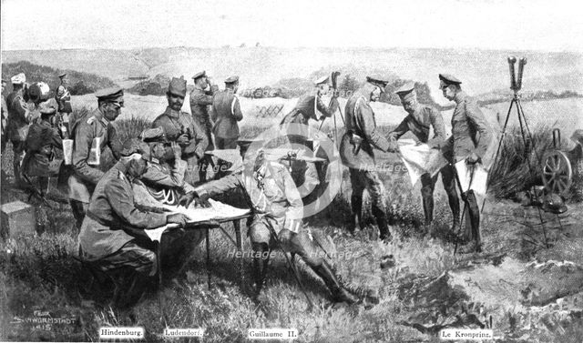 'La fin d'un Reve; Le reve: Guillaume II, devant Soissons, fixant du doigt sur la carte le..., 1918. Creator: Felix Schwormstadt.