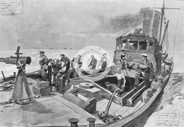 'La flotte d'avant-garde; le dragage des mines. Batiment auxiliare a la recherche des sous..., 1916. Creator: Frederic de Haenen.
