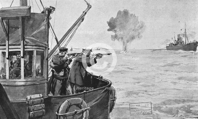 'La flotte d'avant-garde; le dragage des mines. Une mine remotee a la surface fait explosion...,1916 Creator: Frederic de Haenen.