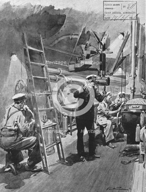 'La flotte d'avant-garde; le poste de manoeuvre d'un sous-marin britannique en plongee..., 1916. Creator: Frederic de Haenen.