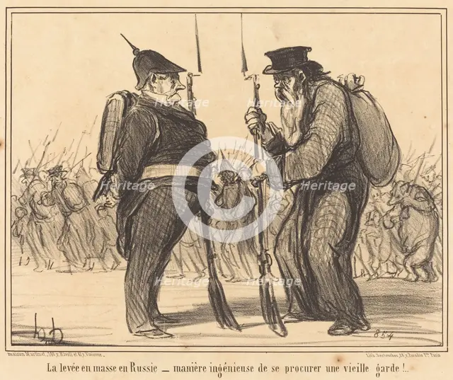 La levée en masse en Russie - manière ingénieuse de se procurer une vieille garde!..., 1855.  Creator: Honore Daumier.