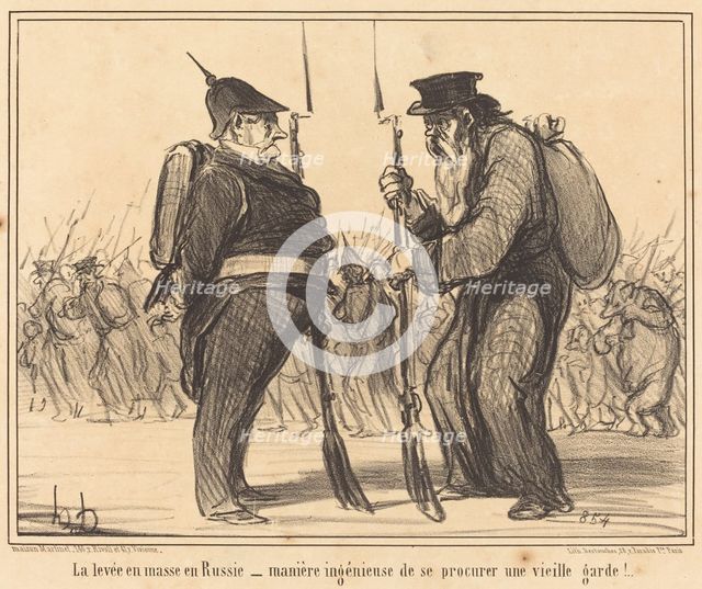 La levée en masse en Russie - manière ingénieuse de se procurer une vieille garde!..., 1855.  Creator: Honore Daumier.