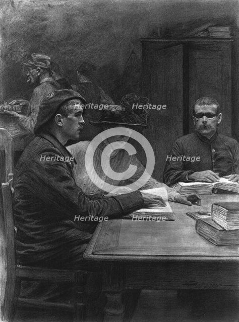 'La lecon de braille. On saitque le systeme d'ecriture, en points saillants, imagine..., c1916. Creator: J Simont.