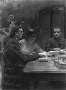 La lecon de braille. On saitque le systeme d'ecriture, en points saillants, imagine..., c1916. Creator: J Simont