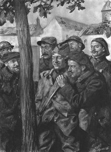 La lecture au cantonnement d'un bon communique 1916. Creator: Lucien Jonas