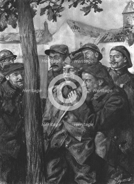 'La lecture au cantonnement d'un bon communique', 1916. Creator: Lucien Jonas.