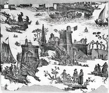 La Motte-Piquet Sauve un Convoi (Motte-Piquet Saves a Convoy) (Furnishing Fabric), Nantes, 1782. Creator: Petitpierre et Cie