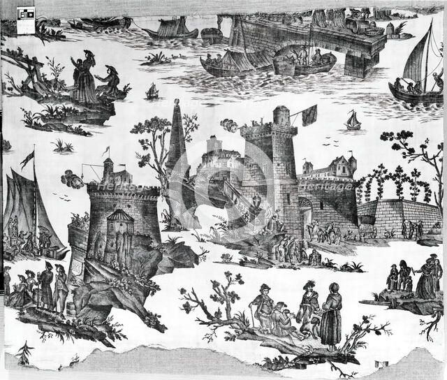 La Motte-Piquet Sauve un Convoi (Motte-Piquet Saves a Convoy) (Furnishing Fabric), Nantes, 1782. Creator: Petitpierre et Cie.