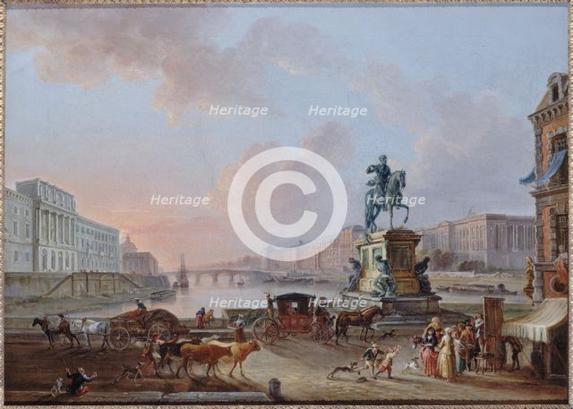 La Monnaie, Le Pont Royal and the Louvre, viewed from the Pont-Neuf, around 1775, c1775. Creator: Jean-Baptiste Lallemand.