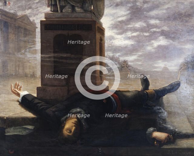 La mort de Victor Bach, le 18 brumaire, au pied de la statue de la Liberté, place de la..., c1895. Creator: J Le coeur.