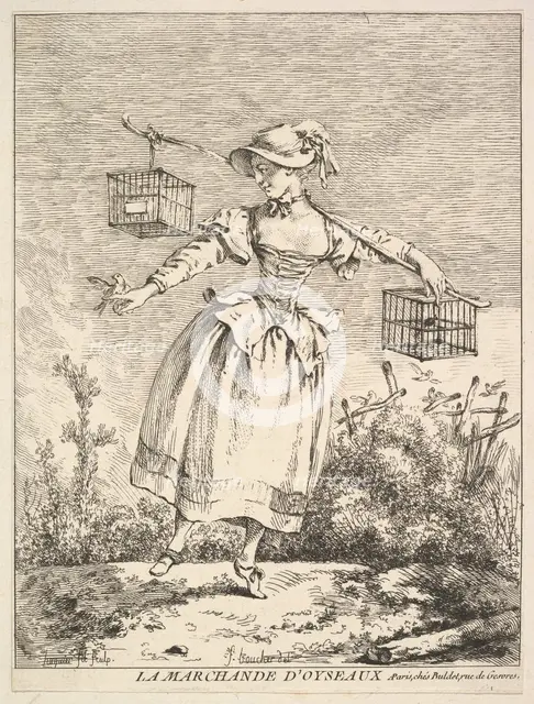 La marchande d'oyseaux (The Bird Merchant), 18th century. Creator: Jacques Gabriel Huquier.