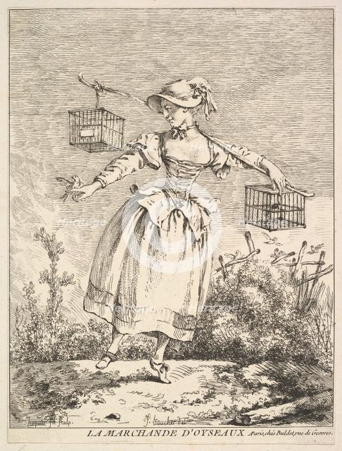 La marchande d'oyseaux (The Bird Merchant), 18th century. Creator: Jacques Gabriel Huquier.