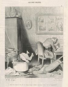 La mère dans le feu de la composition, l'enfant est dans l'eau de la baignoire!, February 26, 1844. Creator: Honore Daumier