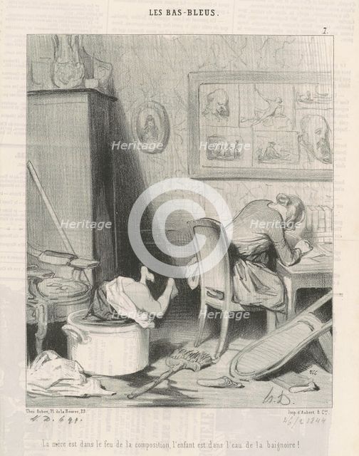 La mère dans le feu de la composition, l'enfant est dans l'eau de la baignoire!, February 26, 1844. Creator: Honore Daumier.
