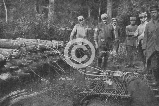 'La "Saucisse"; L'observateur et son travail. Le gonflement d'une saucisse sur le terrain', 1916. Creator: Unknown.