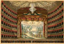 La Scala opera house in Milan, Festive Interior. Curtain design by Angelo Monticelli, c 1830. Creator: Anonymous