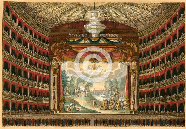 La Scala opera house in Milan, Festive Interior. Curtain design by Angelo Monticelli, c 1830. Creator: Anonymous.