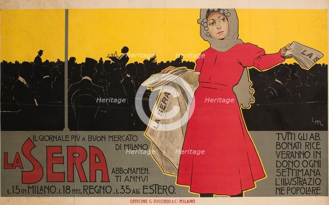 La Sera. Il giornale più à buon mercato di Milano, 1892. Creator: Metlicovitz, Leopoldo (1868-1944).