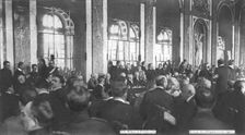 La signature du traite de paix a Versailles; Aspect de la Galerie des Glaces vue des bancs..., 1919 Creator: Unknown