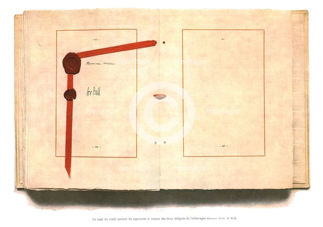 'La signature du traite de paix a Versailles; La page du traite portant les signatures et...,1919. Creator: Unknown.