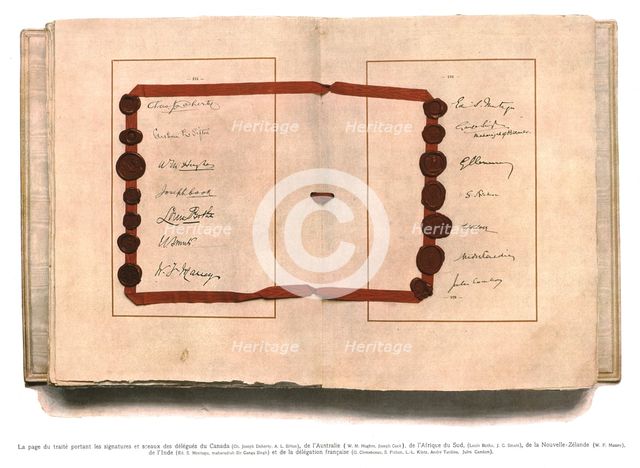 'La signature du traite de paix a Versailles; La page du traite portant les signatures..., 1919. Creator: Unknown.