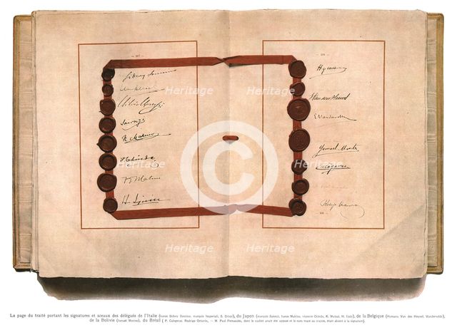 'La signature du traite de paix a Versailles; La page du traite portant les signatures et..., 1919. Creator: Unknown.