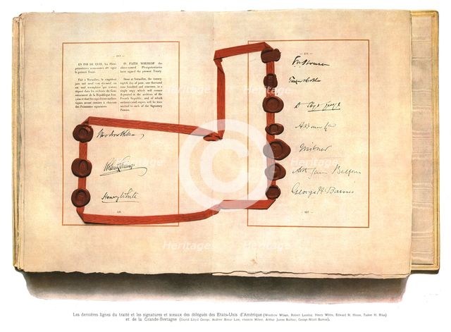 'La signature du traite de paix a Versailles; les dernieres lignes du traite et les..., 1919. Creator: Unknown.