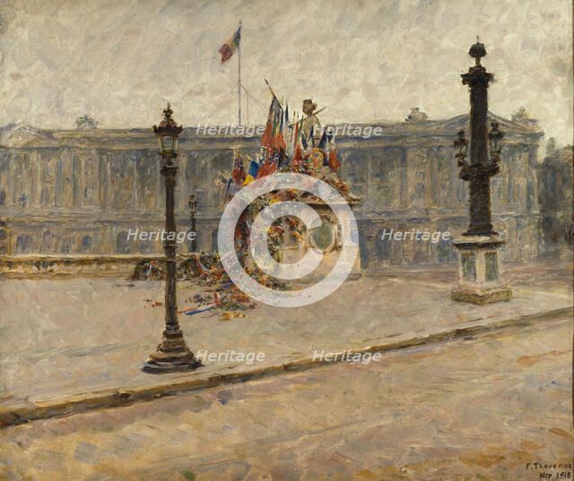 La statue de Strasbourg, place de la Concorde, couverte de drapeaux et de couronnes en novembre 1918 Creator: Francois Thevenot.
