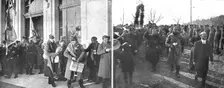 La Suisse hospitaliere; l'arrivee a Leysin, le 27 janvier 1916, des premiers prisonniers francais.. Creator: Unknown