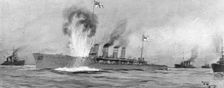 'La surveillance de la mer; l''Amphion touchait une mine et coulait en quelques instants 1914. Creator: Henri Rudaux