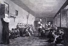 La Paz College in Madrid, classroom and work room of the girls, engraving from 1856