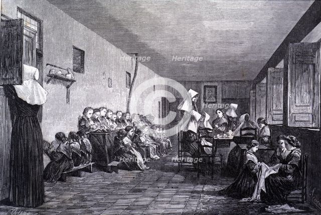 La Paz College in Madrid, classroom and work room of the girls, engraving from 1856.