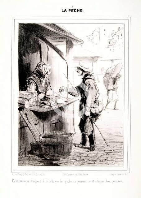 La Pêche. C'est presque toujours à la Halle.., 1840. Creator: Honore Daumier.