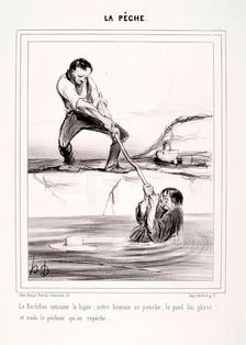 La Pêche. Le Barbillon entraine la ligne.., 1840. Creator: Honore Daumier
