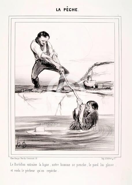 La Pêche. Le Barbillon entraine la ligne.., 1840. Creator: Honore Daumier.