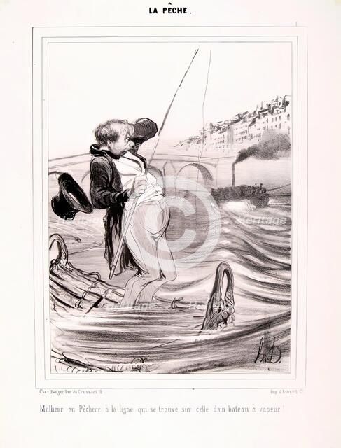 La Pêche. Malheur au Pêcheur à la ligne...1840. Creator: Honore Daumier.